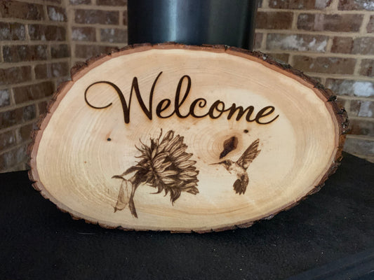 Welcome Hummingbird & Sunflower Live Edge Wood Sign 🌻 - MixMatched Creations