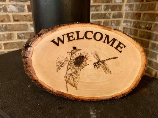 Sunflower & Dragonfly Welcome Live Edge Wood Sign - MixMatched Creations